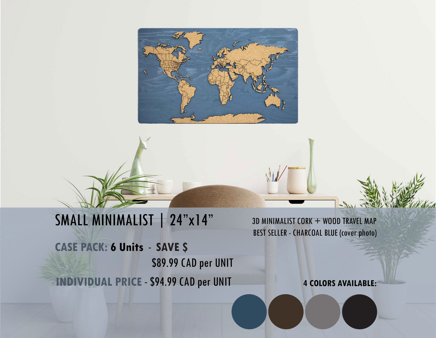 Cork & Wood 3D World Pin Map | 24 x 14