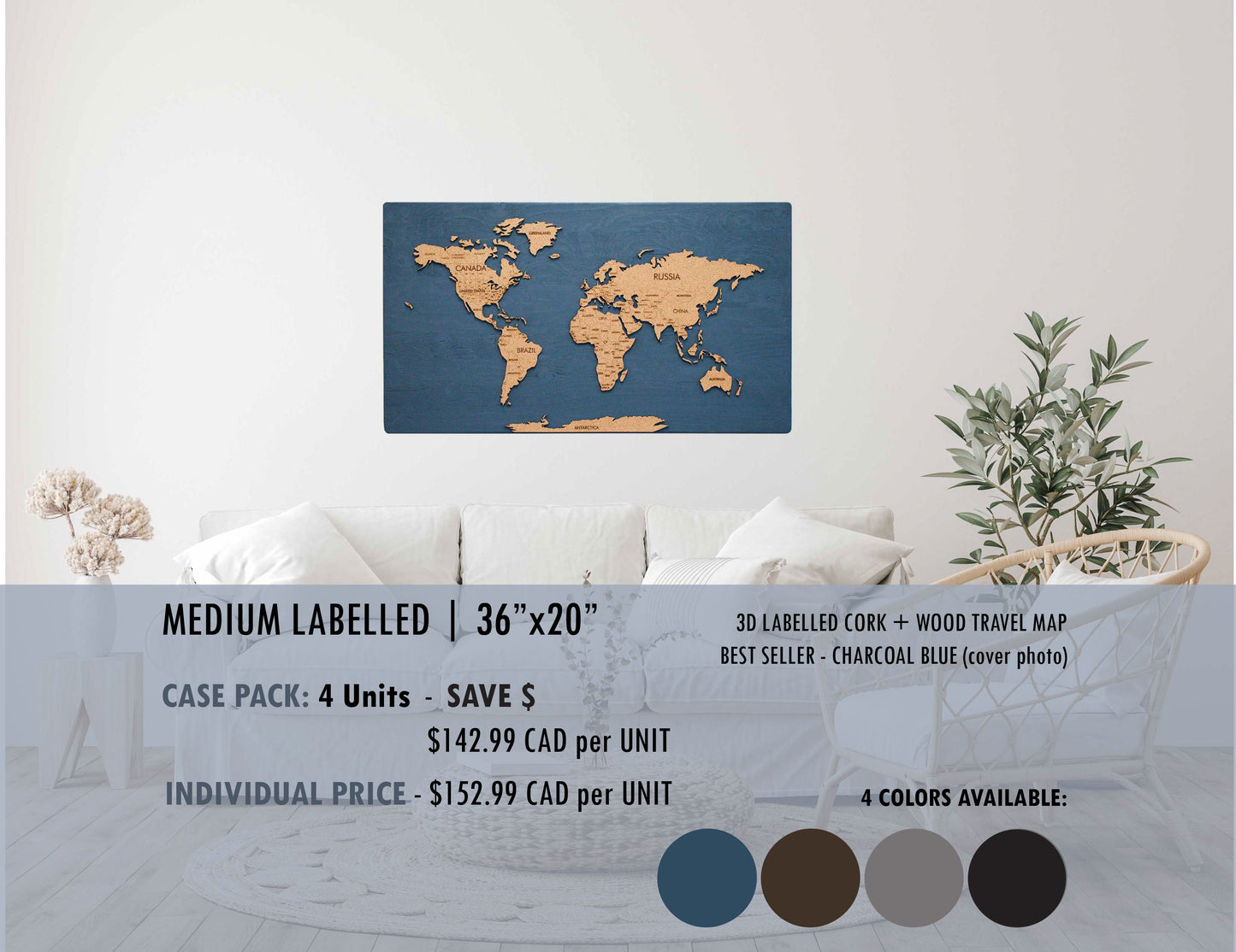 Cork & Wood 3D World Pin Map | 36 x 20 | Labelled