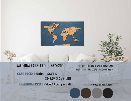 Cork & Wood 3D World Pin Map | 36 x 20 | Labelled