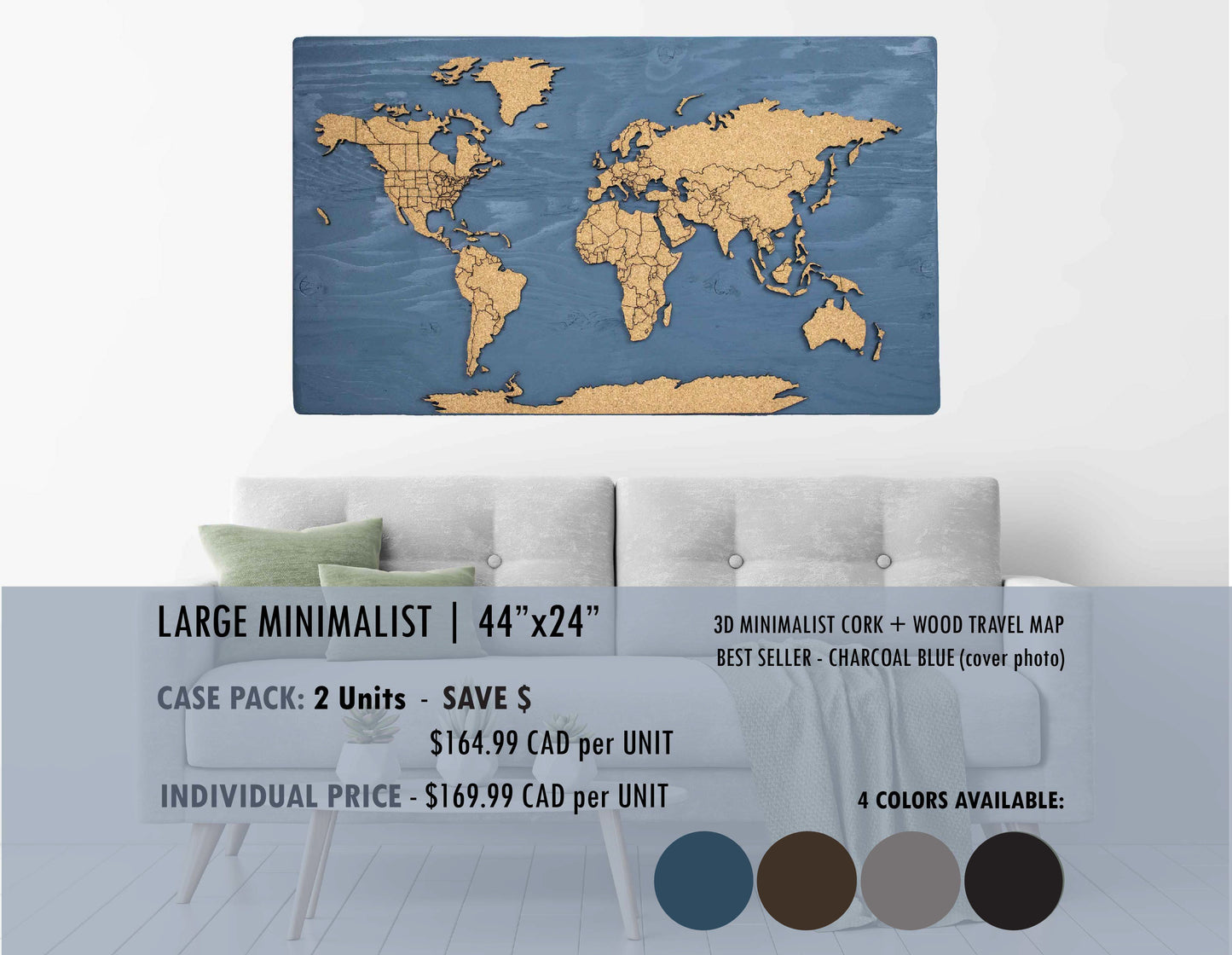 Cork & Wood 3D World Pin Map | 44 x 24 | Minimalist